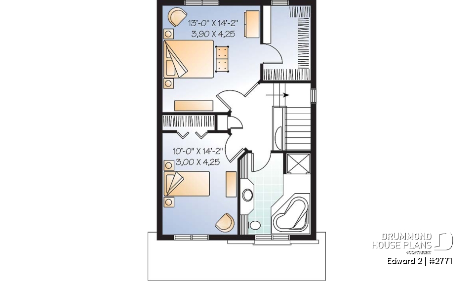 2nd level - Economical craftsman home plan, 2 to 3 bedrooms, remarkable living room - Edward 2