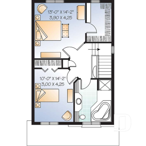2nd level - Economical craftsman home plan, 2 to 3 bedrooms, remarkable living room - Edward 2