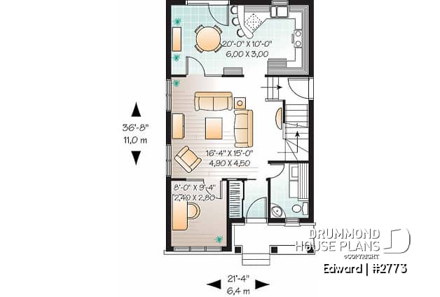 1st level - Narrow lot house plan with 3 bedrooms and home office, laundry on first floor - Edward