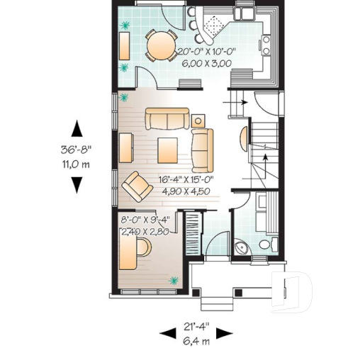 1st level - Narrow lot house plan with 3 bedrooms and home office, laundry on first floor - Edward
