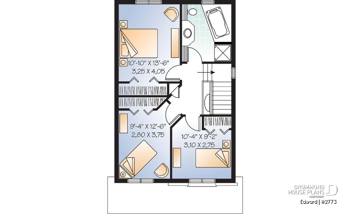2nd level - Narrow lot house plan with 3 bedrooms and home office, laundry on first floor - Edward