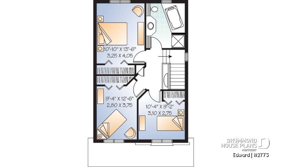 2nd level - Narrow lot house plan with 3 bedrooms and home office, laundry on first floor - Edward