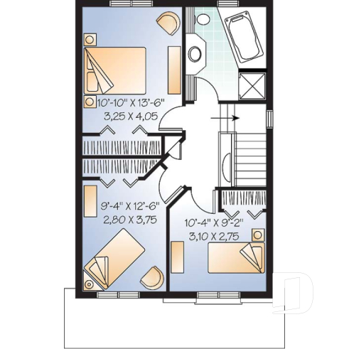 2nd level - Narrow lot house plan with 3 bedrooms and home office, laundry on first floor - Edward