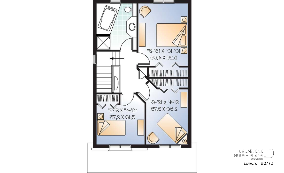 2nd level - Narrow lot house plan with 3 bedrooms and home office, laundry on first floor - Edward