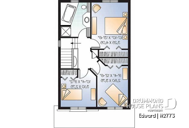 2nd level - Narrow lot house plan with 3 bedrooms and home office, laundry on first floor - Edward