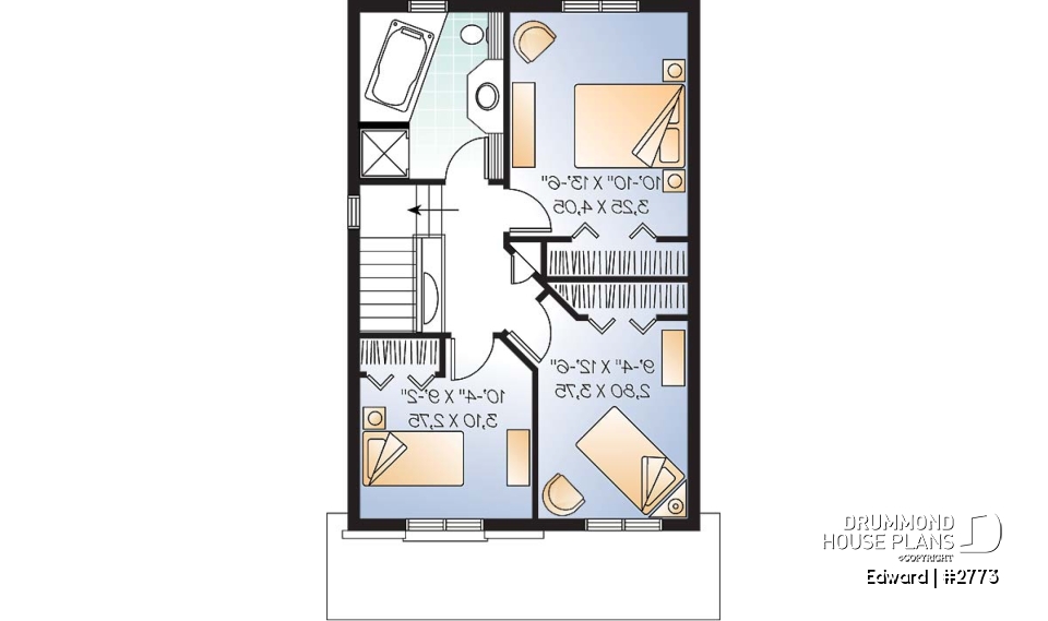 2nd level - Narrow lot house plan with 3 bedrooms and home office, laundry on first floor - Edward
