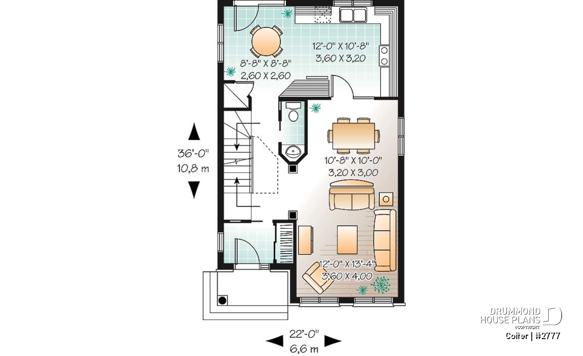 1st level - Narrow lot 3 bedroom low-budget house plan with breakfast nook, open concept dining and living room - Colter