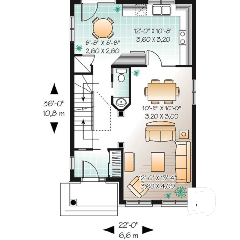 1st level - Narrow lot 3 bedroom low-budget house plan with breakfast nook, open concept dining and living room - Colter