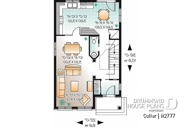 1st level - Narrow lot 3 bedroom low-budget house plan with breakfast nook, open concept dining and living room - Colter