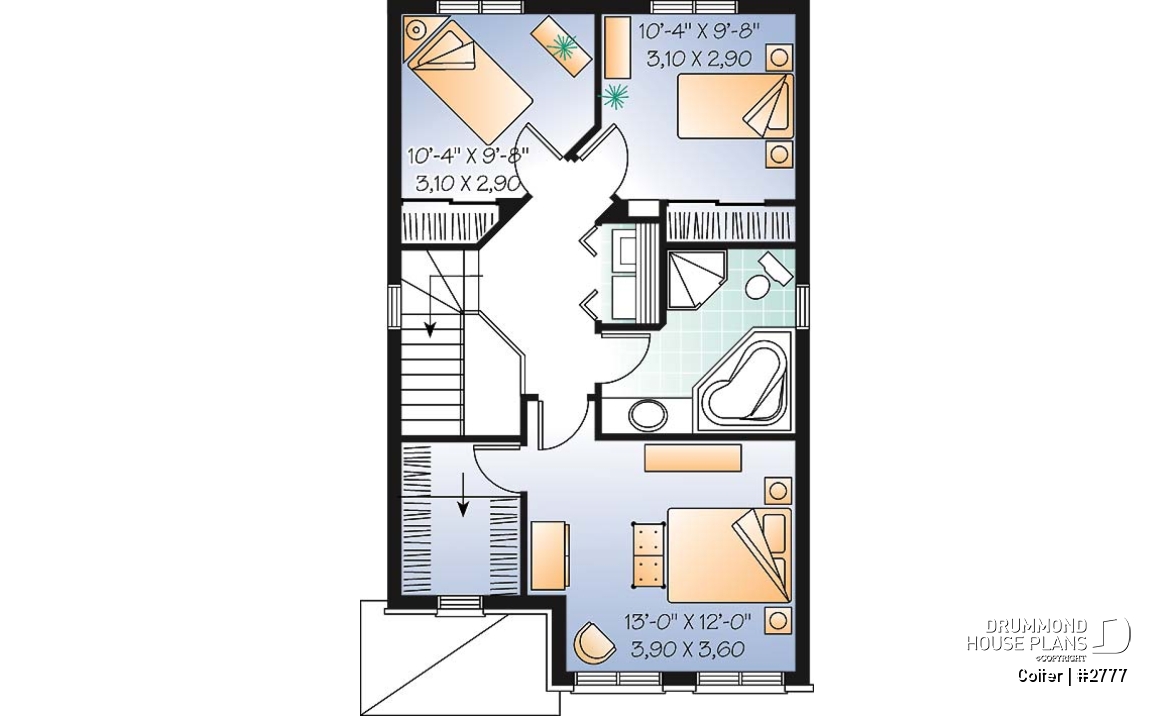 2nd level - Narrow lot 3 bedroom low-budget house plan with breakfast nook, open concept dining and living room - Colter