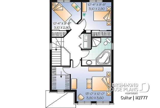 2nd level - Narrow lot 3 bedroom low-budget house plan with breakfast nook, open concept dining and living room - Colter