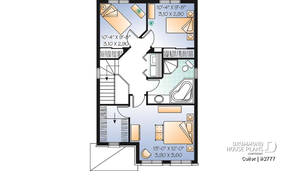 2nd level - Narrow lot 3 bedroom low-budget house plan with breakfast nook, open concept dining and living room - Colter