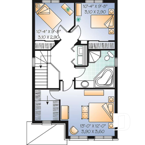 2nd level - Narrow lot 3 bedroom low-budget house plan with breakfast nook, open concept dining and living room - Colter