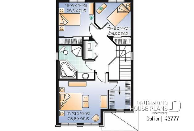 2nd level - Narrow lot 3 bedroom low-budget house plan with breakfast nook, open concept dining and living room - Colter
