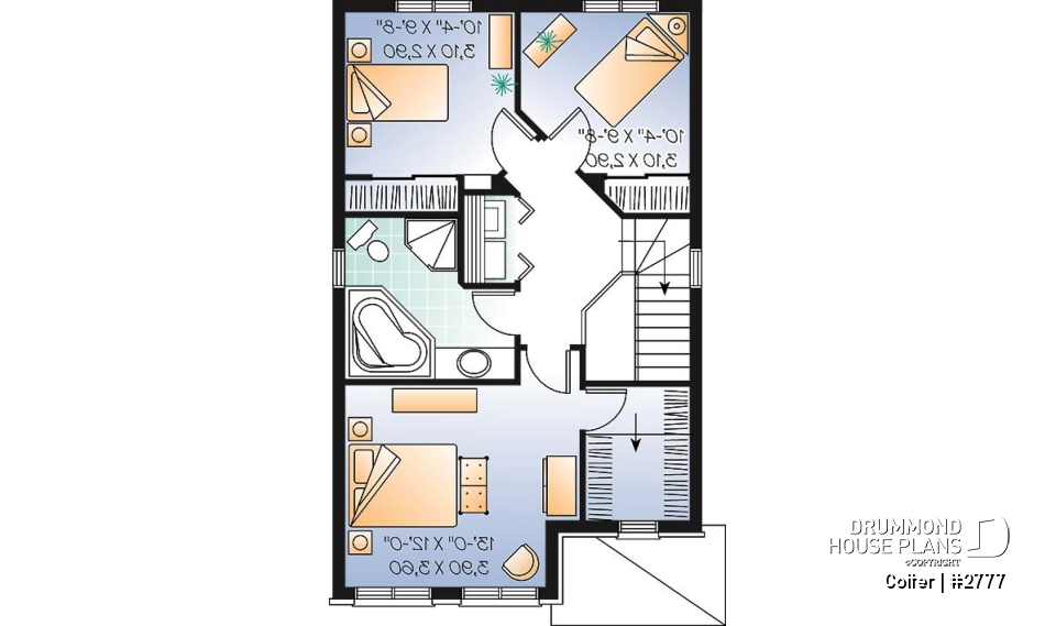 2nd level - Narrow lot 3 bedroom low-budget house plan with breakfast nook, open concept dining and living room - Colter