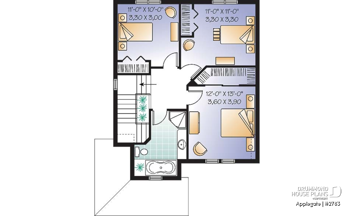 2nd level - Budget friendly house plan, 2 storey country style, 3 large bedrooms, laundry room on first floor - Applegate