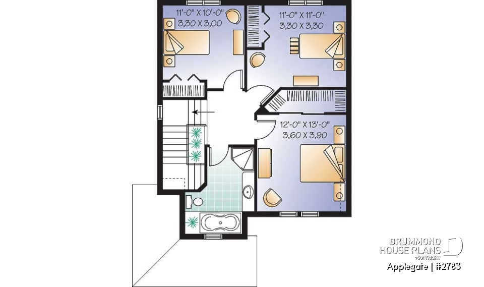 2nd level - Budget friendly house plan, 2 storey country style, 3 large bedrooms, laundry room on first floor - Applegate