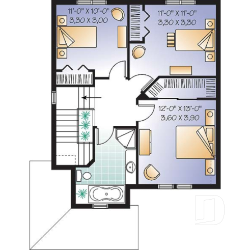 2nd level - Budget friendly house plan, 2 storey country style, 3 large bedrooms, laundry room on first floor - Applegate
