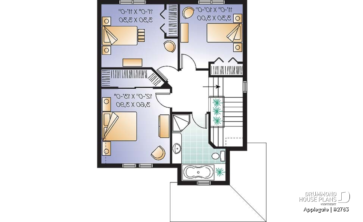 2nd level - Budget friendly house plan, 2 storey country style, 3 large bedrooms, laundry room on first floor - Applegate