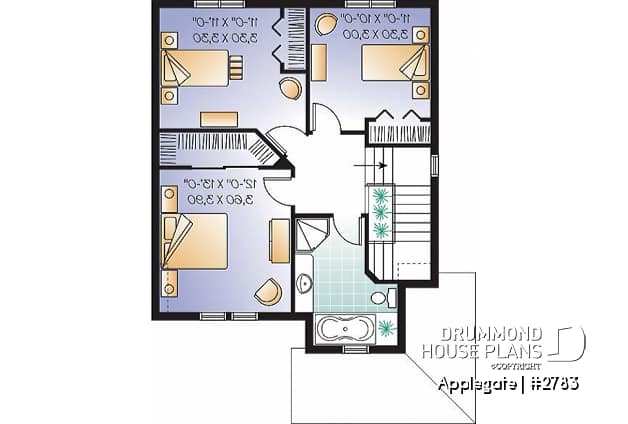 2nd level - Budget friendly house plan, 2 storey country style, 3 large bedrooms, laundry room on first floor - Applegate