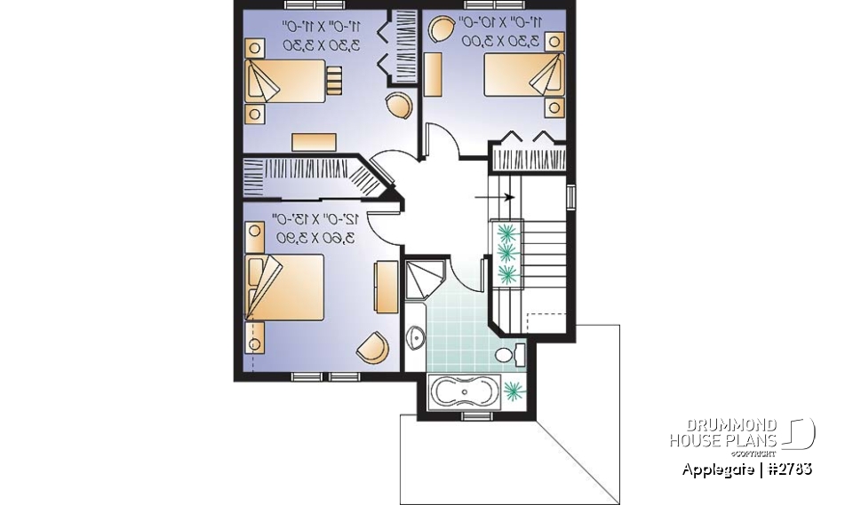 2nd level - Budget friendly house plan, 2 storey country style, 3 large bedrooms, laundry room on first floor - Applegate