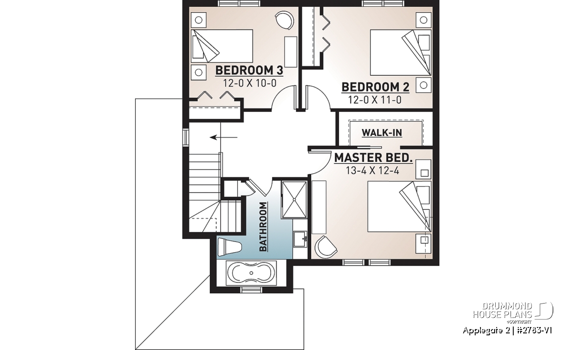 2nd level - Country style 2 storey house plan with 3 large bedrooms and laundry room on main floor - Applegate 2