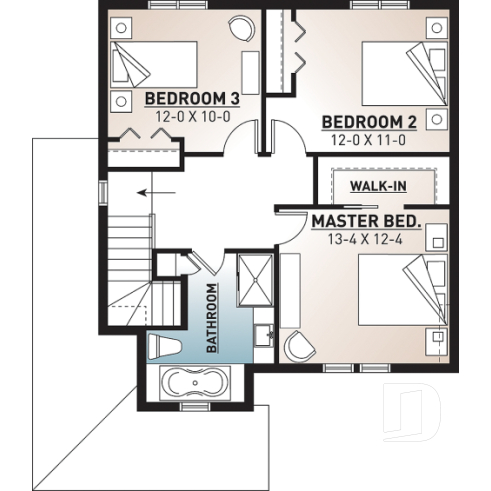 2nd level - Country style 2 storey house plan with 3 large bedrooms and laundry room on main floor - Applegate 2