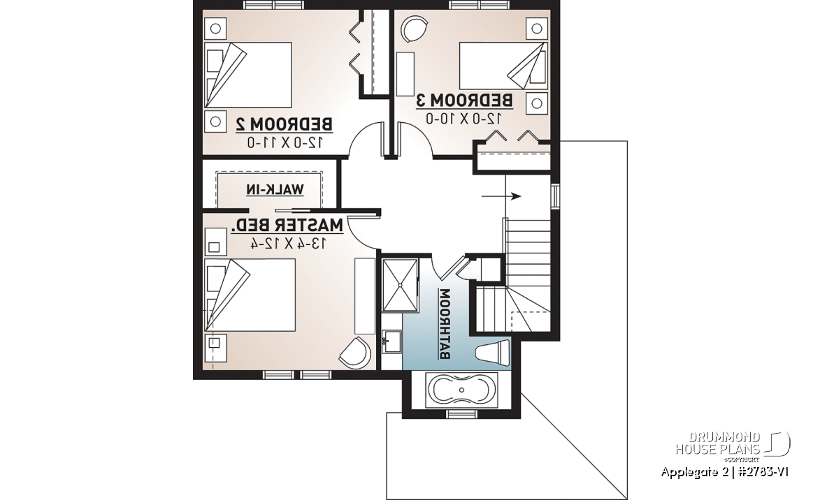 2nd level - Country style 2 storey house plan with 3 large bedrooms and laundry room on main floor - Applegate 2