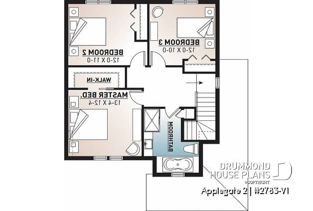2nd level - Country style 2 storey house plan with 3 large bedrooms and laundry room on main floor - Applegate 2