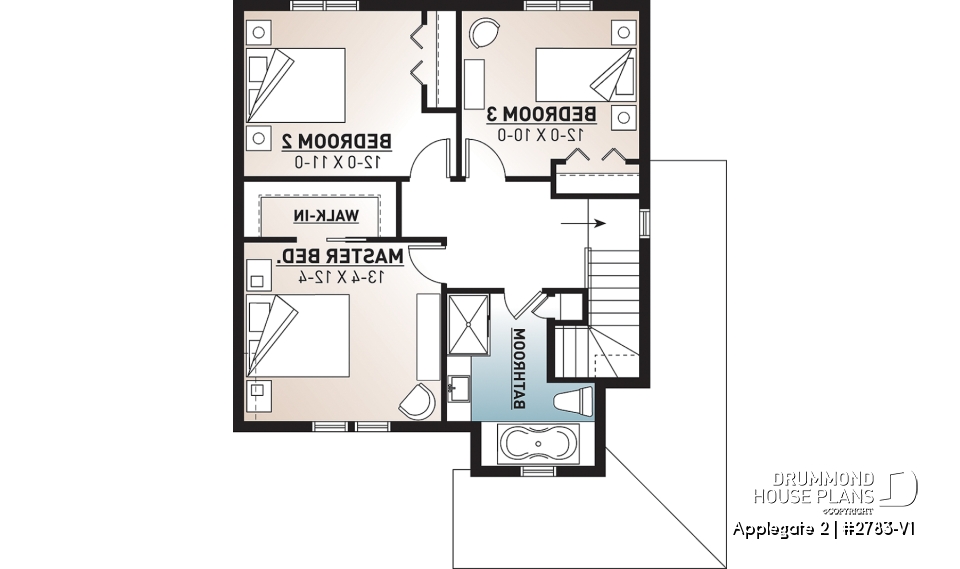 2nd level - Country style 2 storey house plan with 3 large bedrooms and laundry room on main floor - Applegate 2