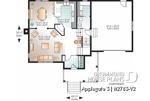 1st level - Simple and affordable 3 bedroom Country rustic house plan with large family room, pantry and computer corner - Applegate 3