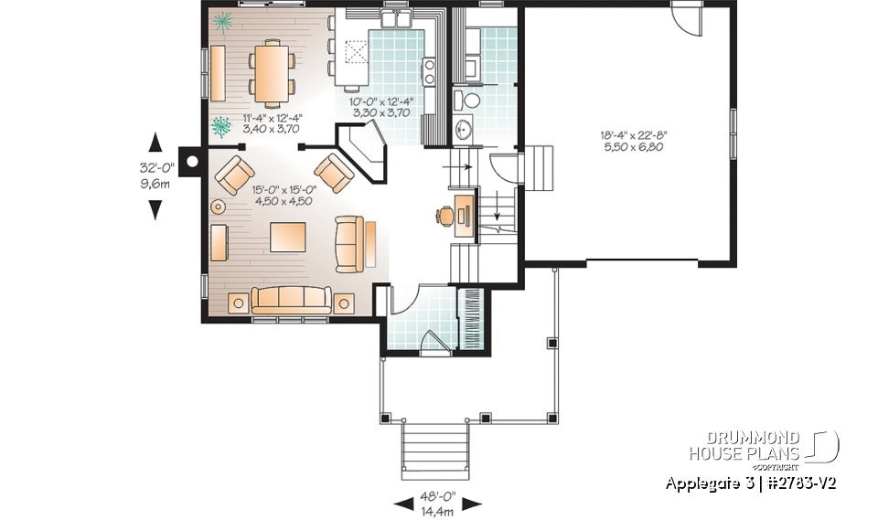 1st level - Simple and affordable 3 bedroom Country rustic house plan with large family room, pantry and computer corner - Applegate 3