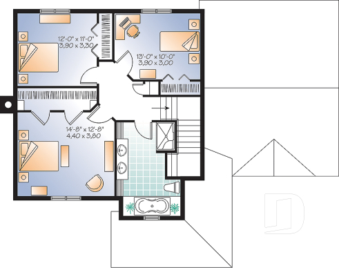 2nd level - Simple and affordable 3 bedroom Country rustic house plan with large family room, pantry and computer corner - Applegate 3