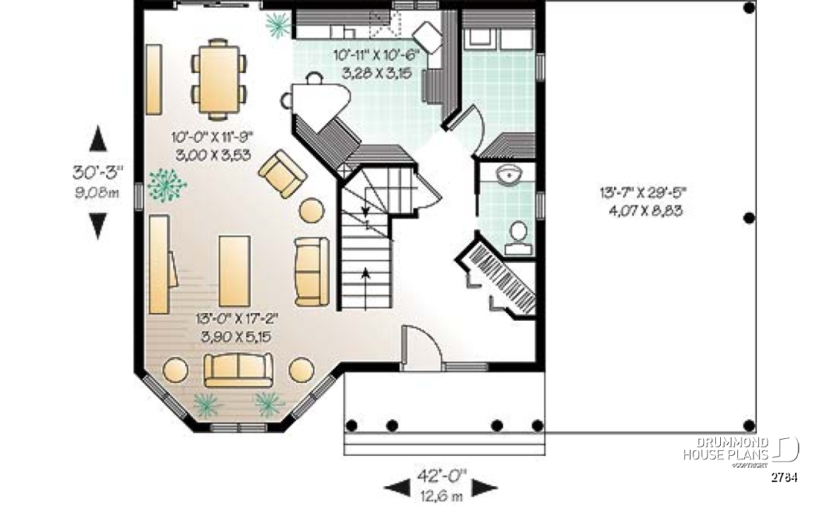 1st level - Two-storey victorian  style house plan with carport, large master bedroom in turret, and with walk-in - 