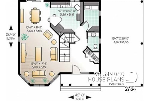 1st level - Two-storey victorian  style house plan with carport, large master bedroom in turret, and with walk-in - 