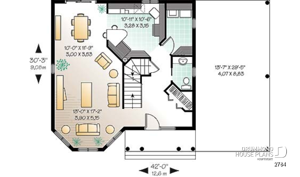 1st level - Two-storey victorian  style house plan with carport, large master bedroom in turret, and with walk-in - 
