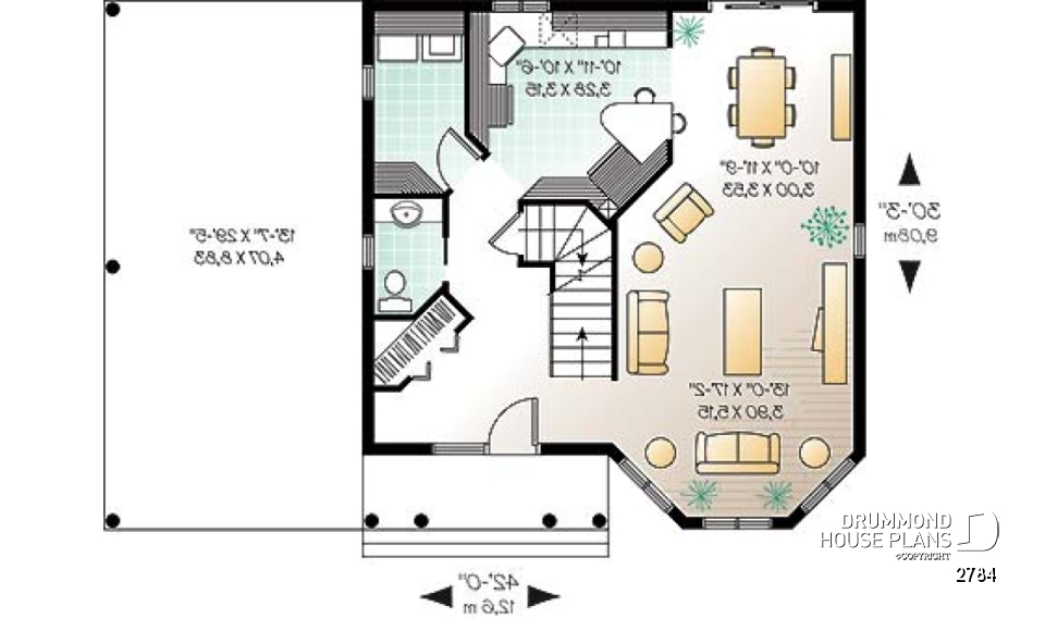 1st level - Two-storey victorian  style house plan with carport, large master bedroom in turret, and with walk-in - 