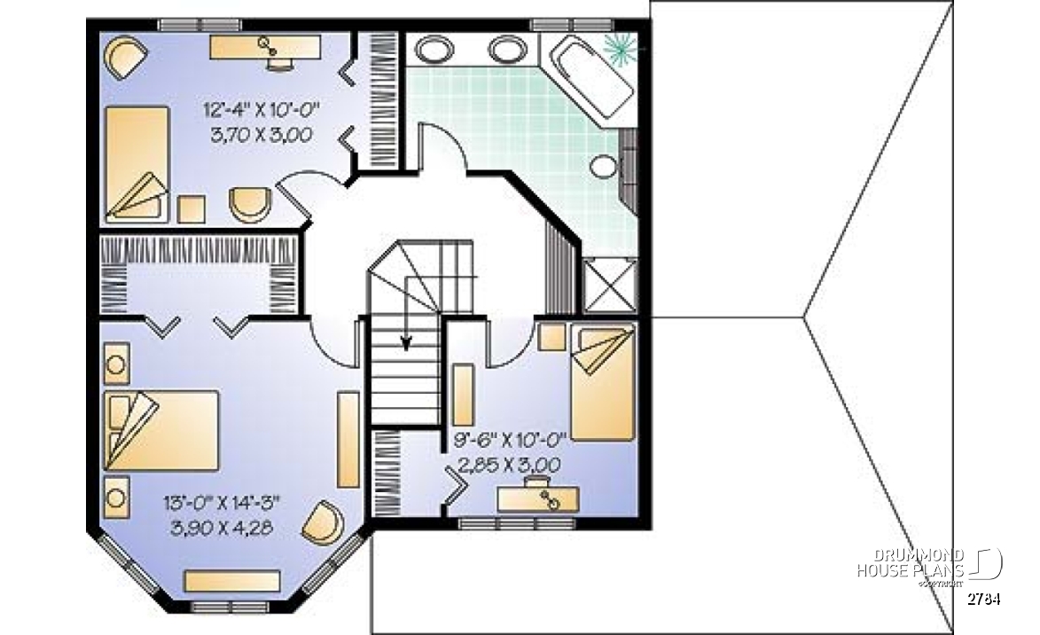 2nd level - Two-storey victorian  style house plan with carport, large master bedroom in turret, and with walk-in - 