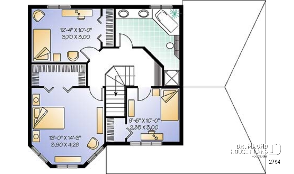 2nd level - Two-storey victorian  style house plan with carport, large master bedroom in turret, and with walk-in - 