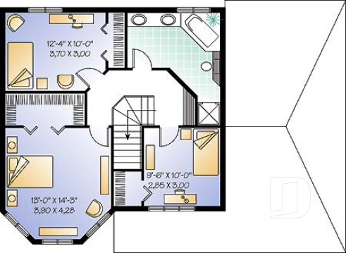 2nd level - Two-storey victorian  style house plan with carport, large master bedroom in turret, and with walk-in - 