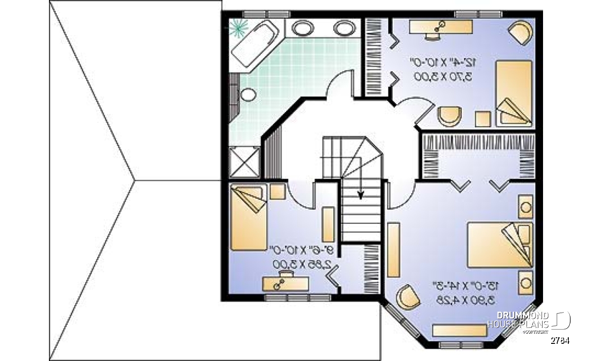 2nd level - Two-storey victorian  style house plan with carport, large master bedroom in turret, and with walk-in - 