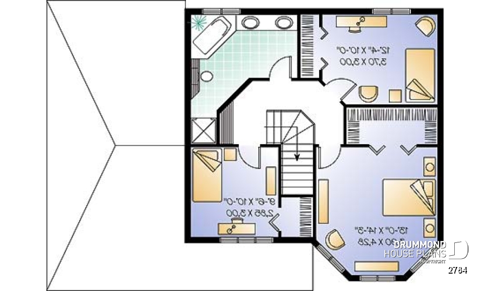 2nd level - Two-storey victorian  style house plan with carport, large master bedroom in turret, and with walk-in - 