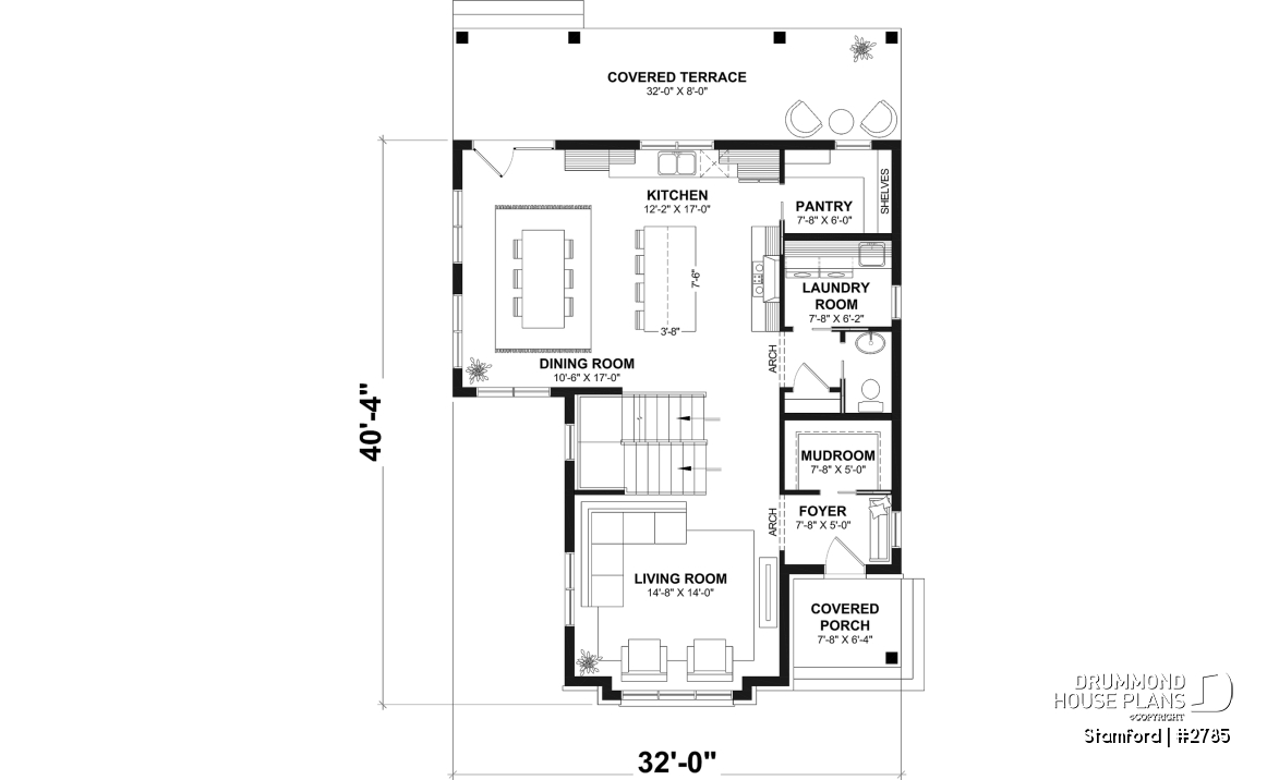 1st level - Narrow Lot House Plan – 3 to 5 Bedrooms, Optional Finished Basement ($), Large Covered Terrace - Stamford