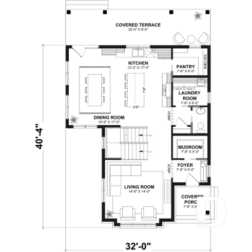 1st level - Narrow Lot House Plan – 3 to 5 Bedrooms, Optional Finished Basement ($), Large Covered Terrace - Stamford