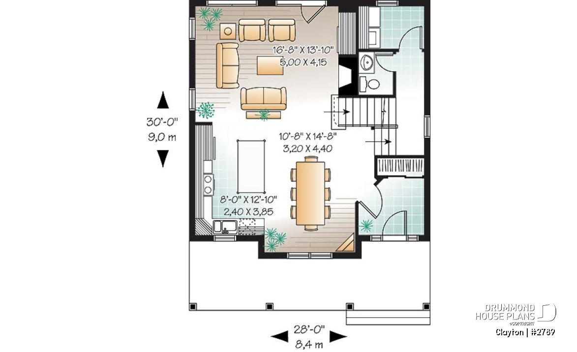 1st level - Country style 2 storey house plan. 3 bedrooms. a veranda and a covered porch - Clayton