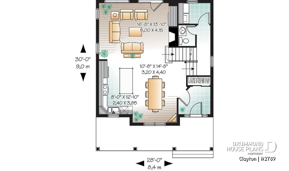 1st level - Country style 2 storey house plan. 3 bedrooms. a veranda and a covered porch - Clayton