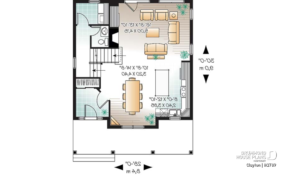 1st level - Country style 2 storey house plan. 3 bedrooms. a veranda and a covered porch - Clayton