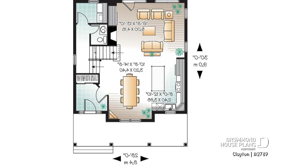 1st level - Country style 2 storey house plan. 3 bedrooms. a veranda and a covered porch - Clayton
