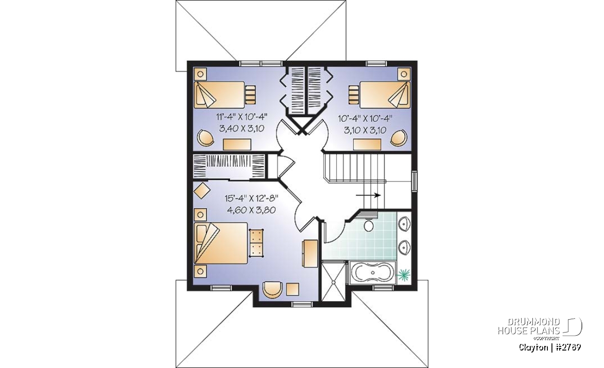 2nd level - Country style 2 storey house plan. 3 bedrooms. a veranda and a covered porch - Clayton