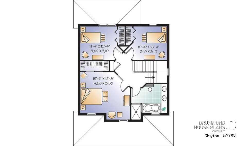 2nd level - Country style 2 storey house plan. 3 bedrooms. a veranda and a covered porch - Clayton